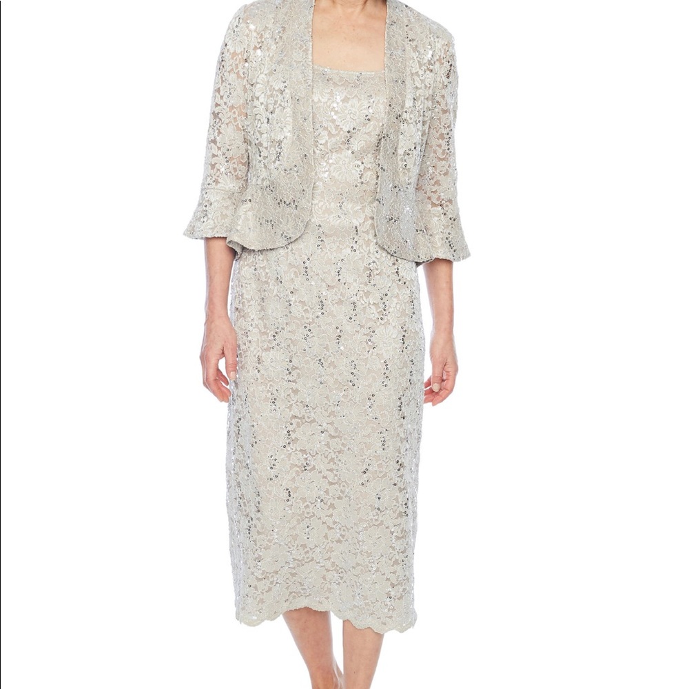 R & M Richards 3/4 Bell Sleeve Lace Midi Jacket Dress